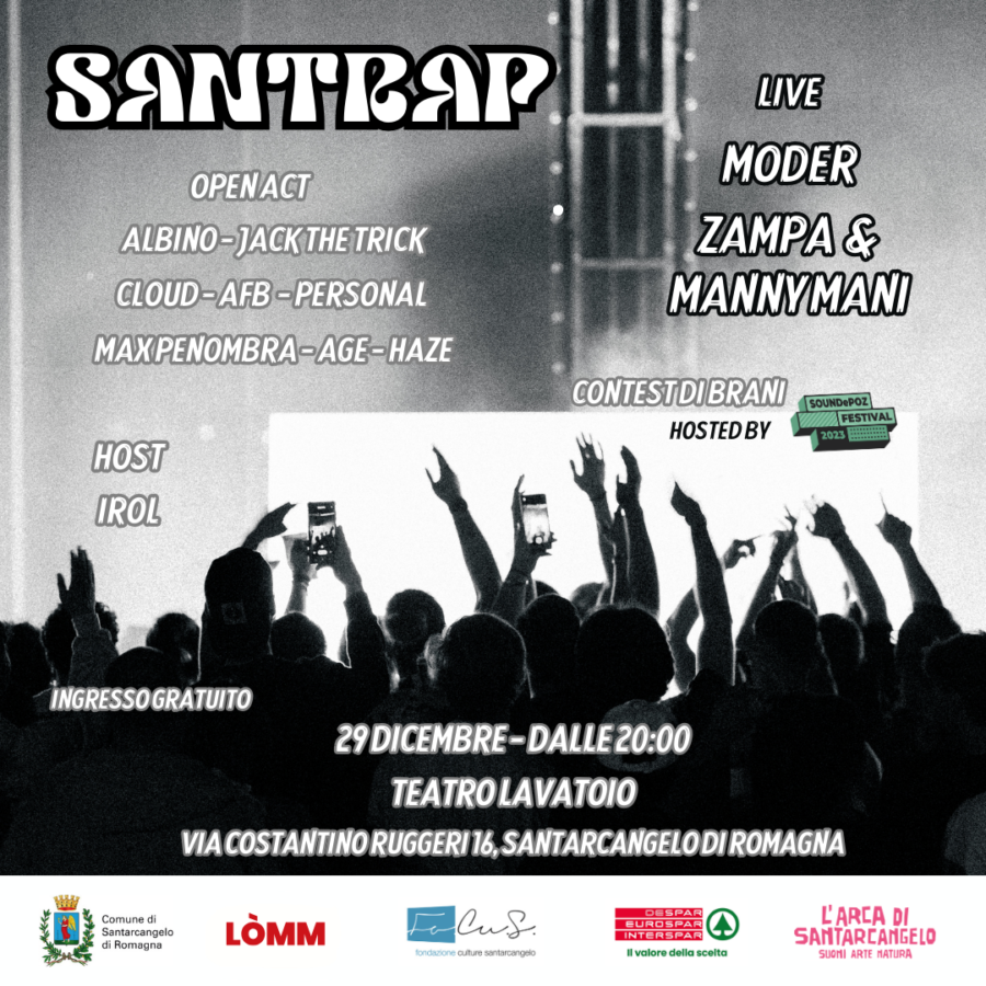 Locandina dell'evento Santrap, dedicato alla musica rap, hip-hop e trap.